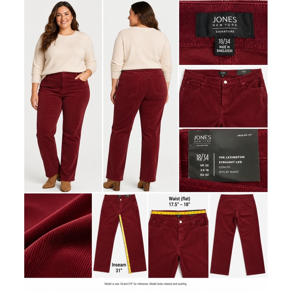 Jones New York Lexington Corduroy Pants Burgundy Size 18/34 Straight Leg NWT